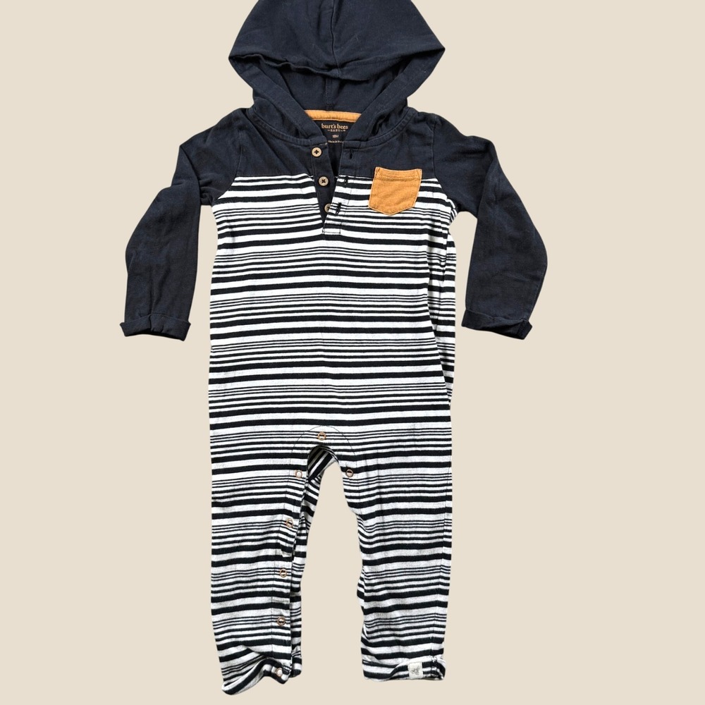 Burt's Bees Baby Hooded Romper Youth 18M Navy White Striped Organic Jumper